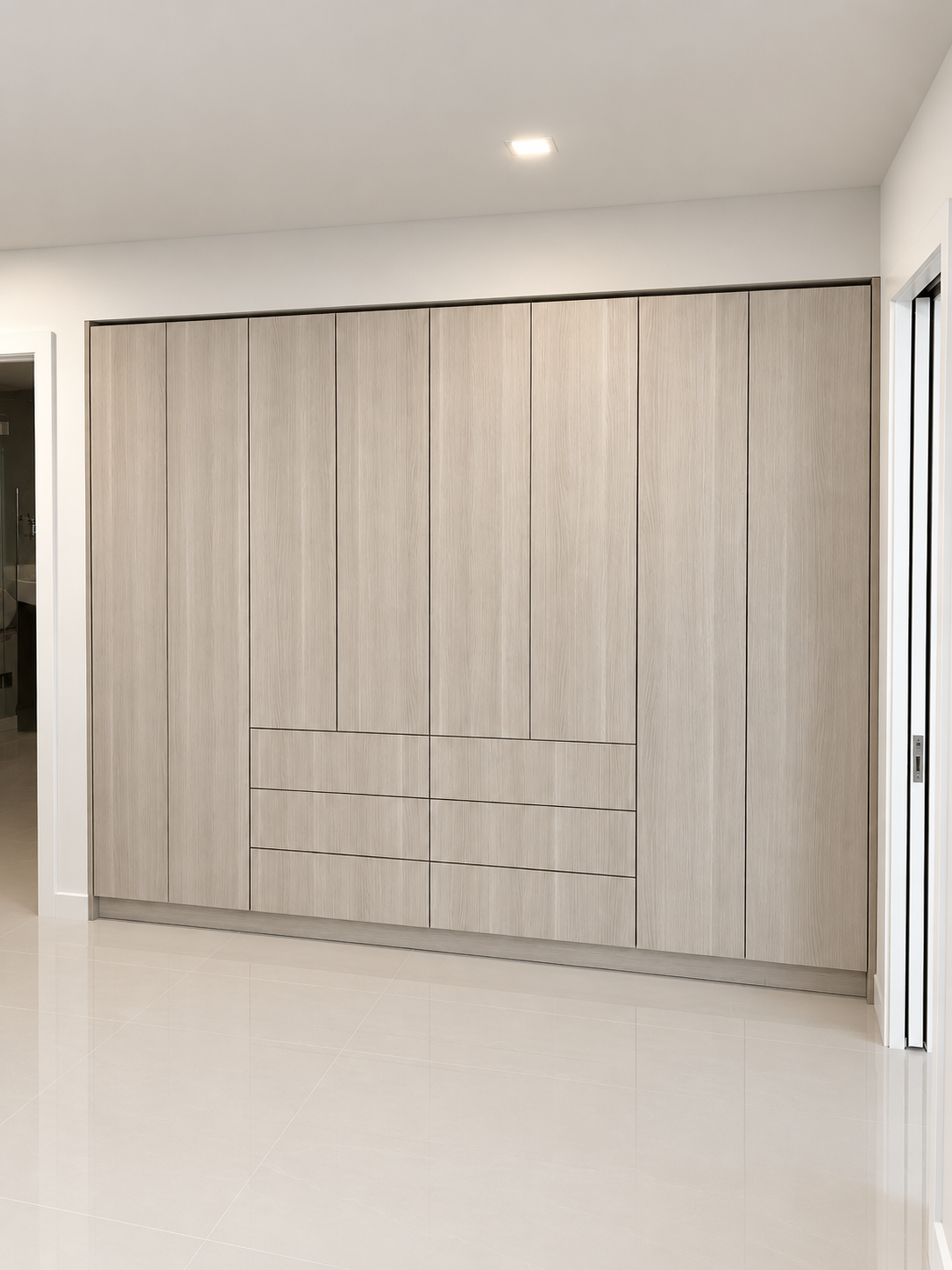 Floor-to-ceiling built-in closet with light wood doors and drawers
