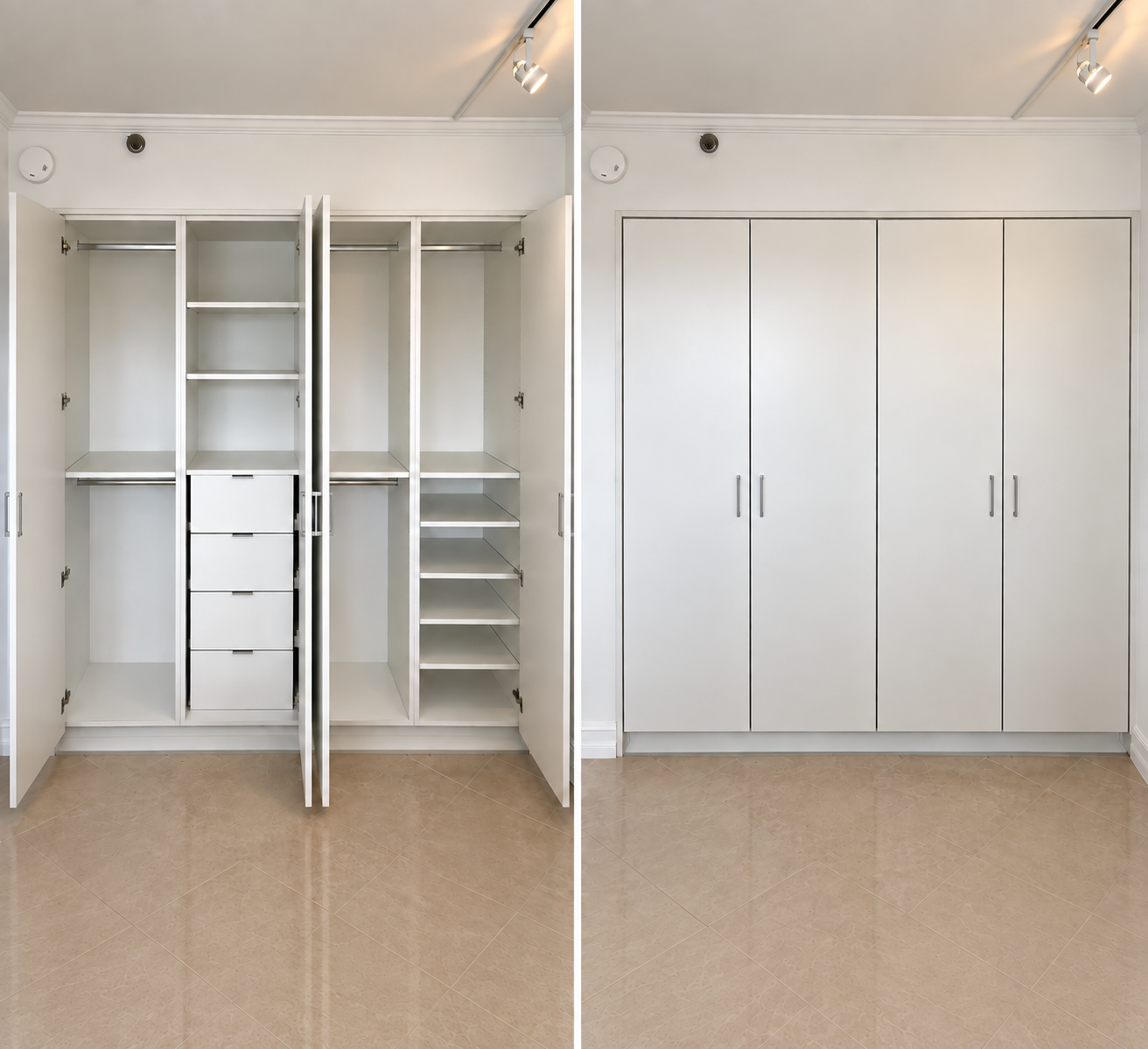 White built-in closet shown open and closed side by side