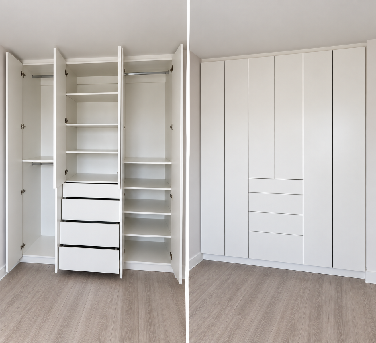 White floor-to-ceiling built-in closet shown open and closed